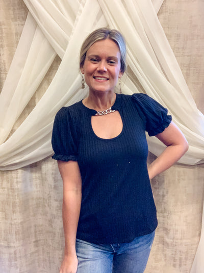 Black Ribbed Top with Chain Detail