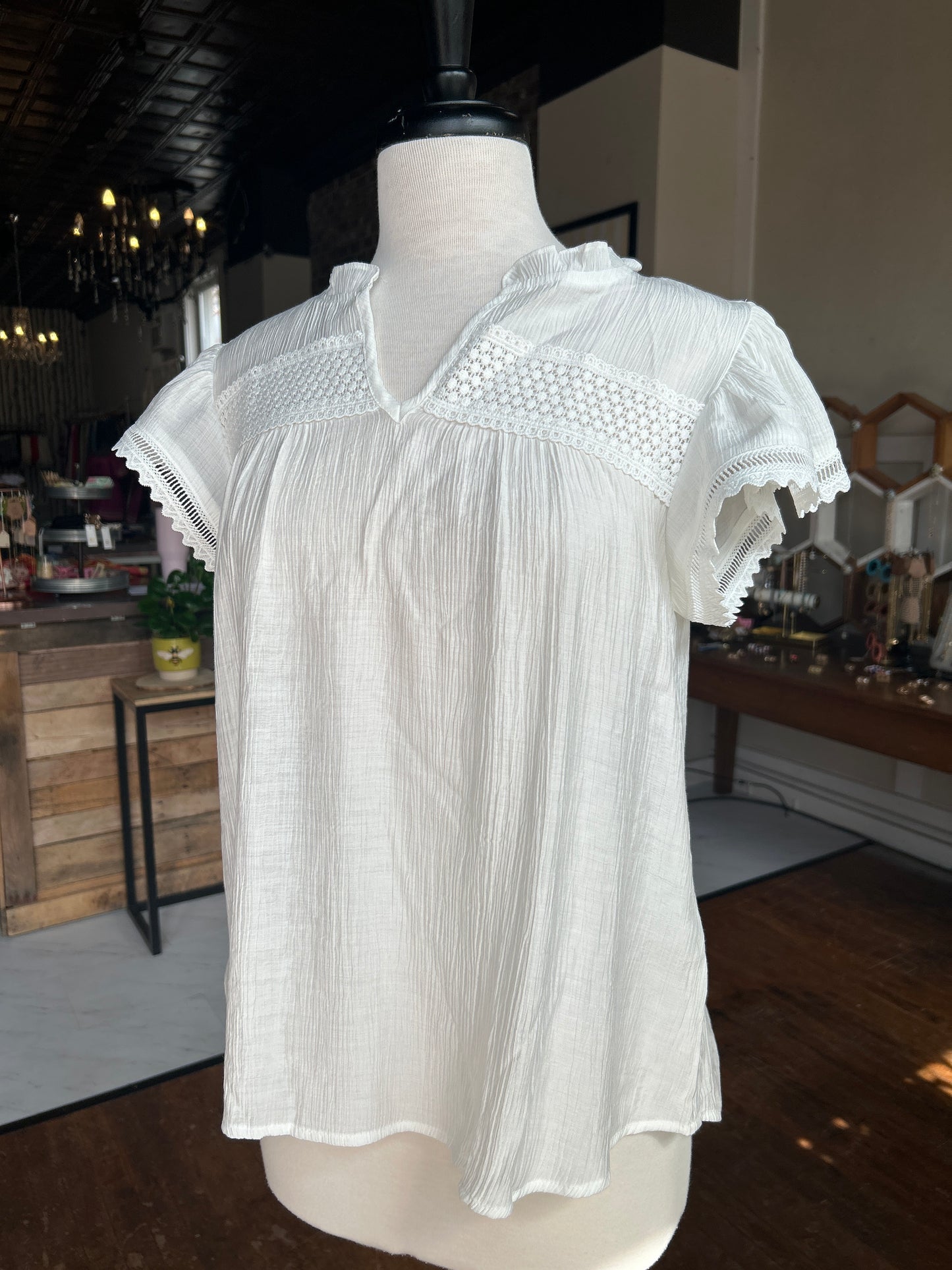 Split Neck Eyelet Crochet Trim Ruffle Detail Top - White