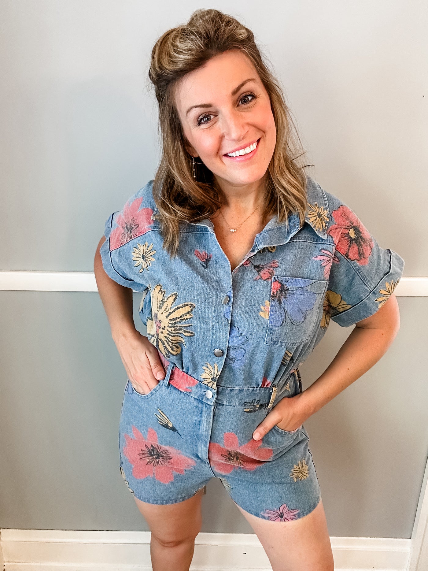 Denim Romper with Flowers