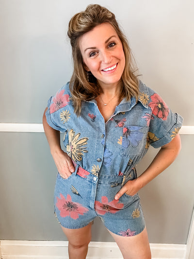 Denim Romper with Flowers