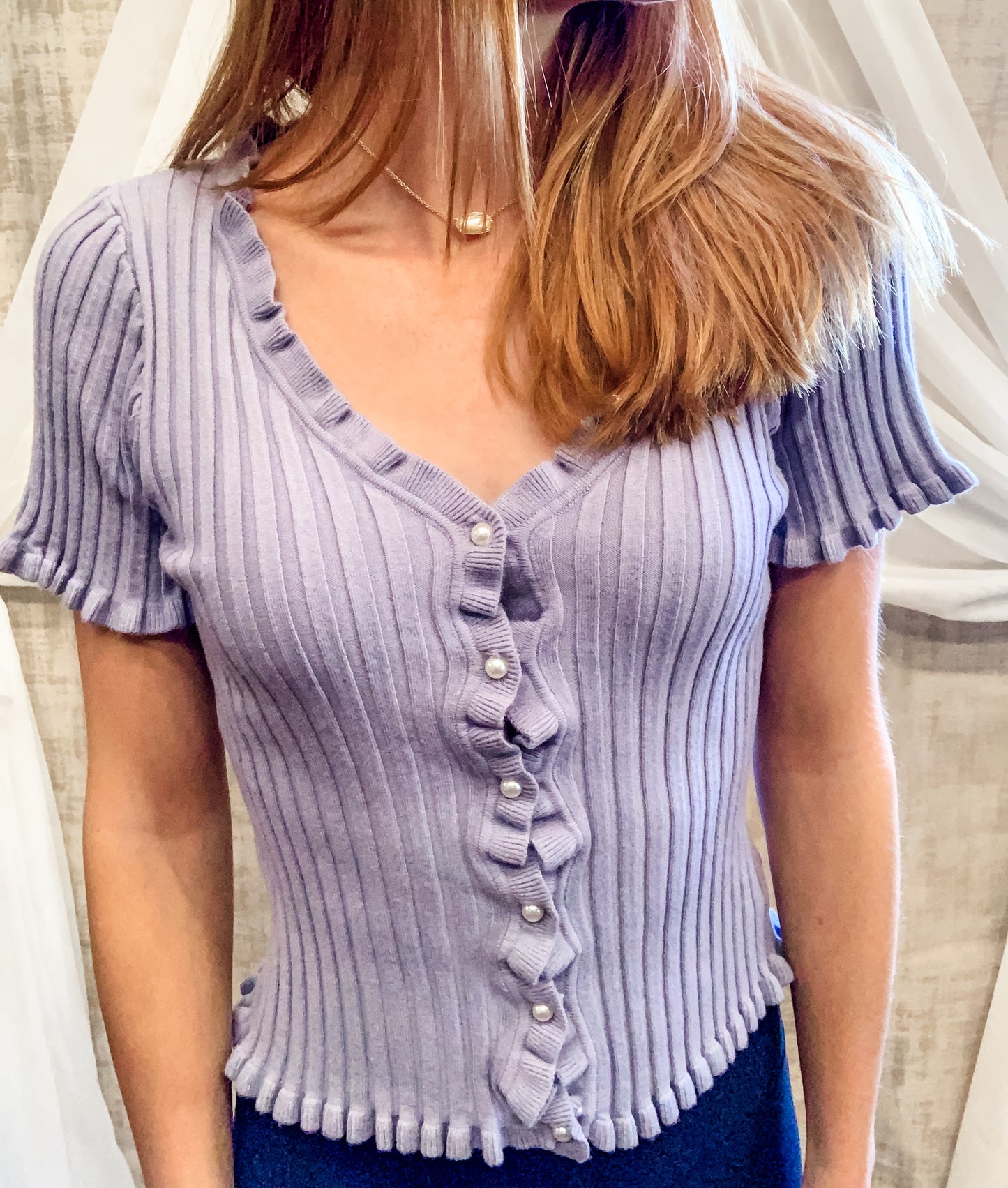 Blue Grey Ribbed Sweater Top with Pearl Buttons