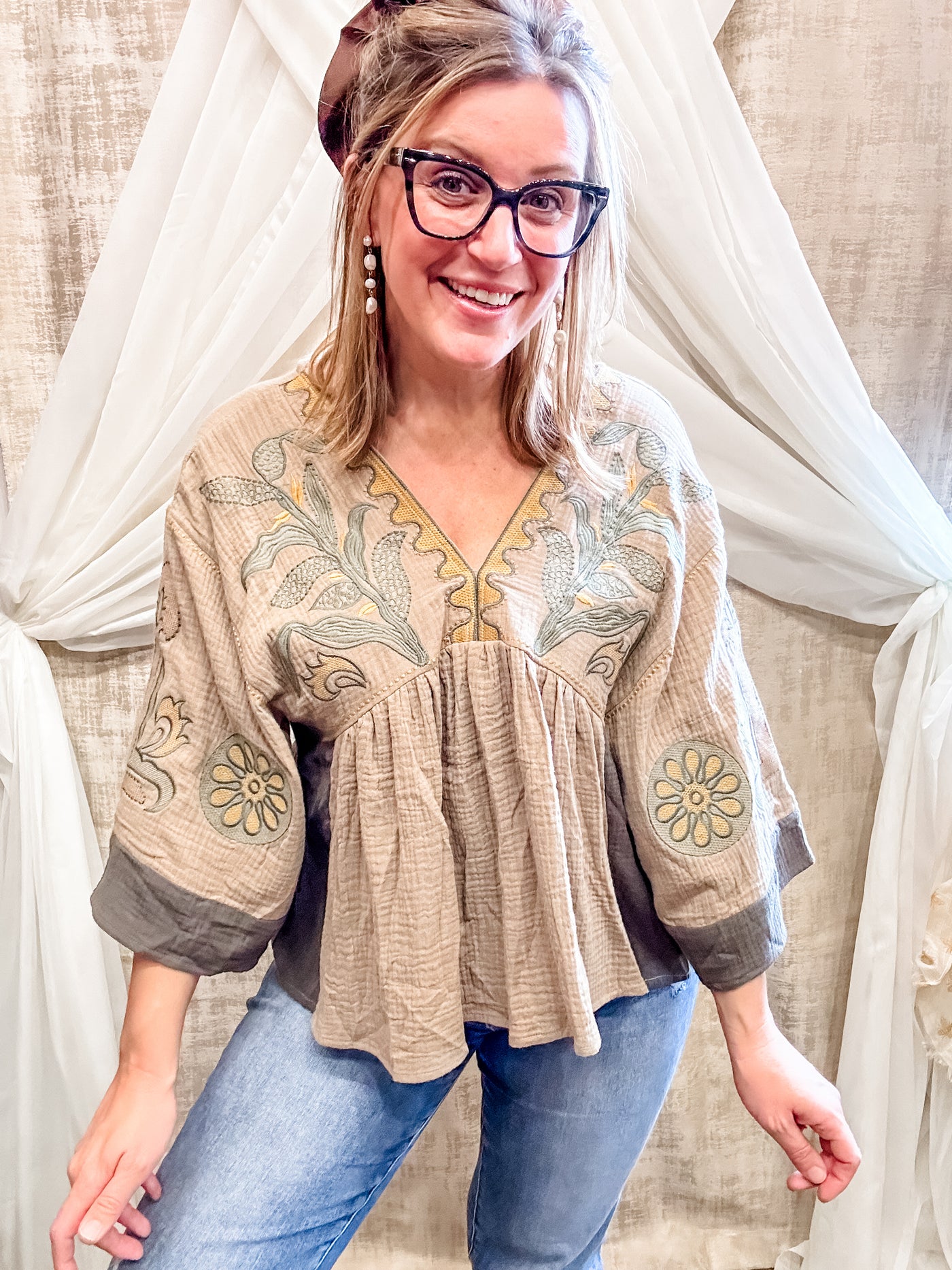 Dusty Olive Embroidered Boho Top