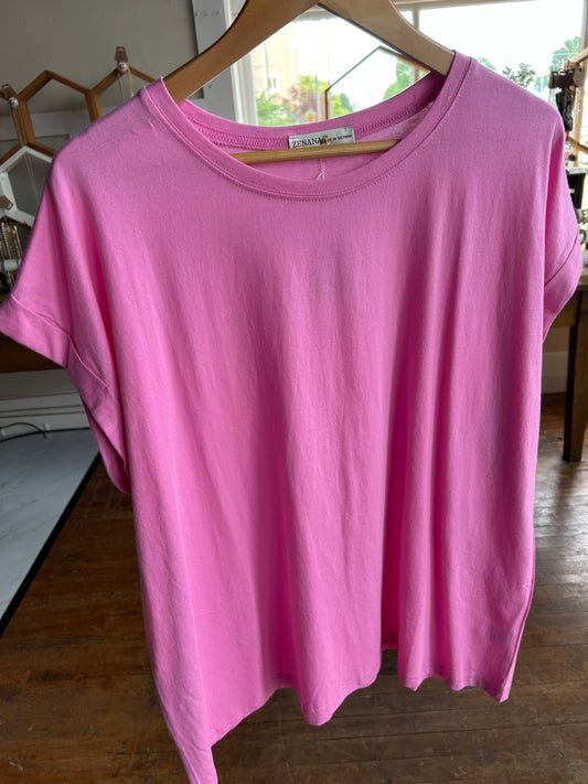 Folded Sleeve Cotton Tee - Pink - Plus