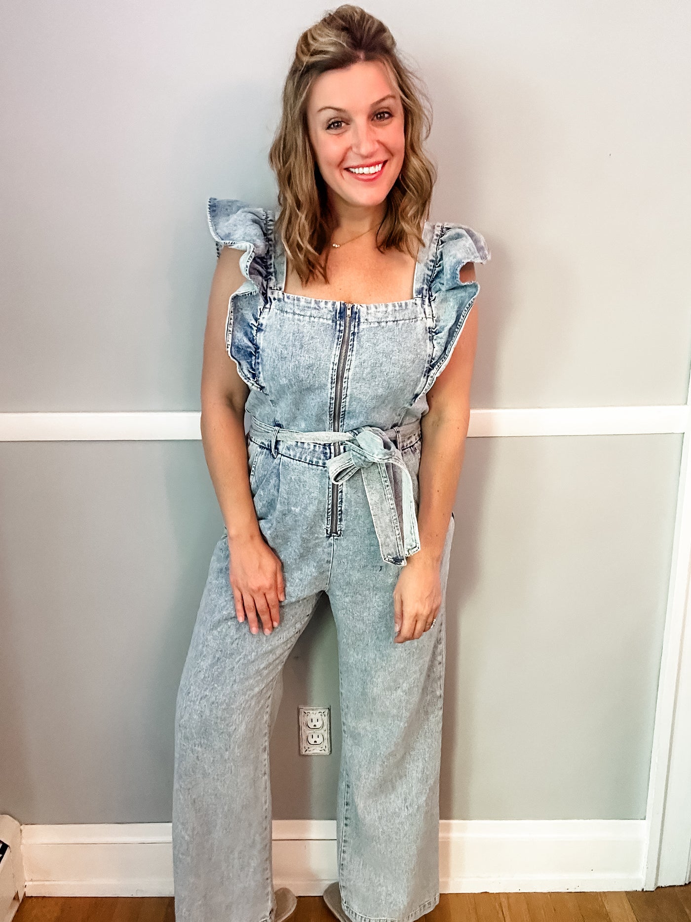 Denim Jumpsuit with Flutter Sleeves