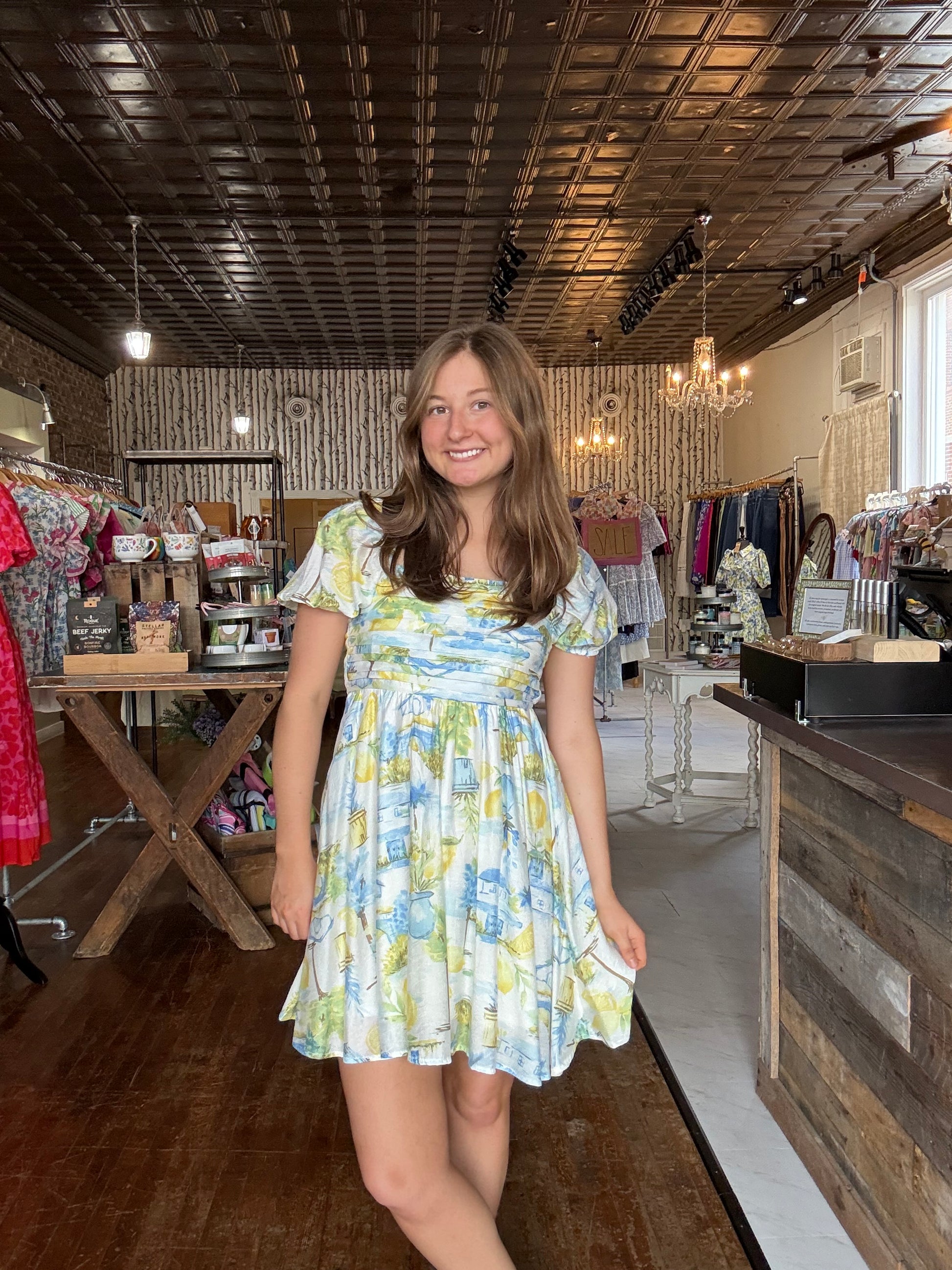 Lemon Print Pleated Short Puff Sleeve Mini Dress S