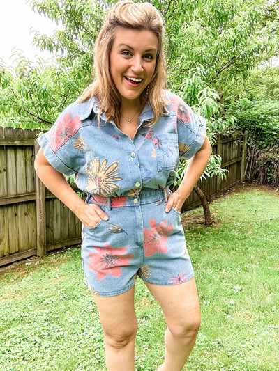 Denim Romper with Flowers