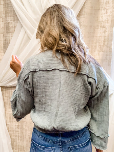 Sage Faux Wrap Top with Elastic Back