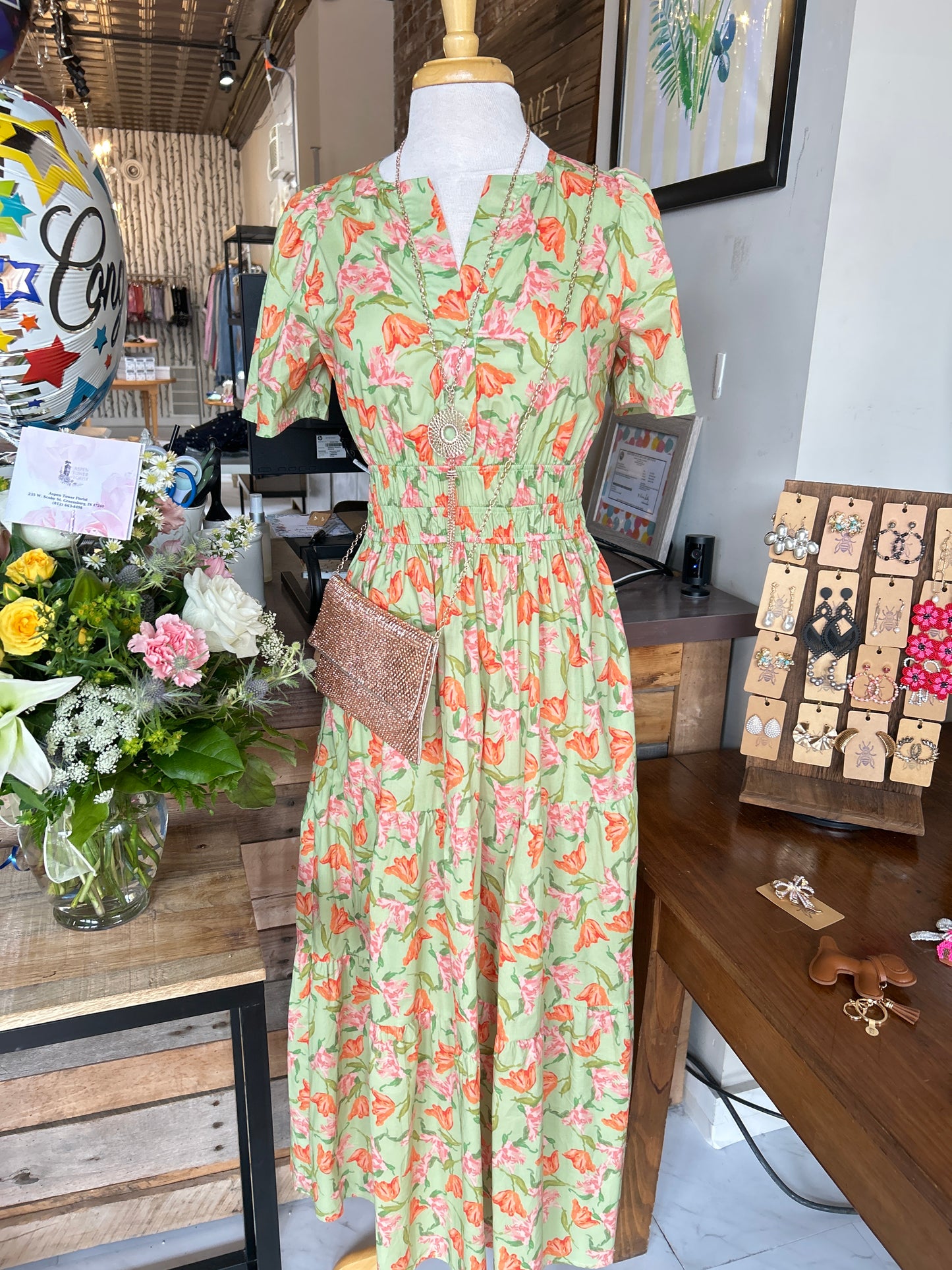 Sage and Orange Floral Maxi Dress