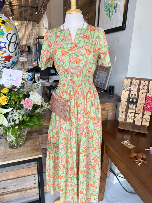 Sage and Orange Floral Maxi Dress