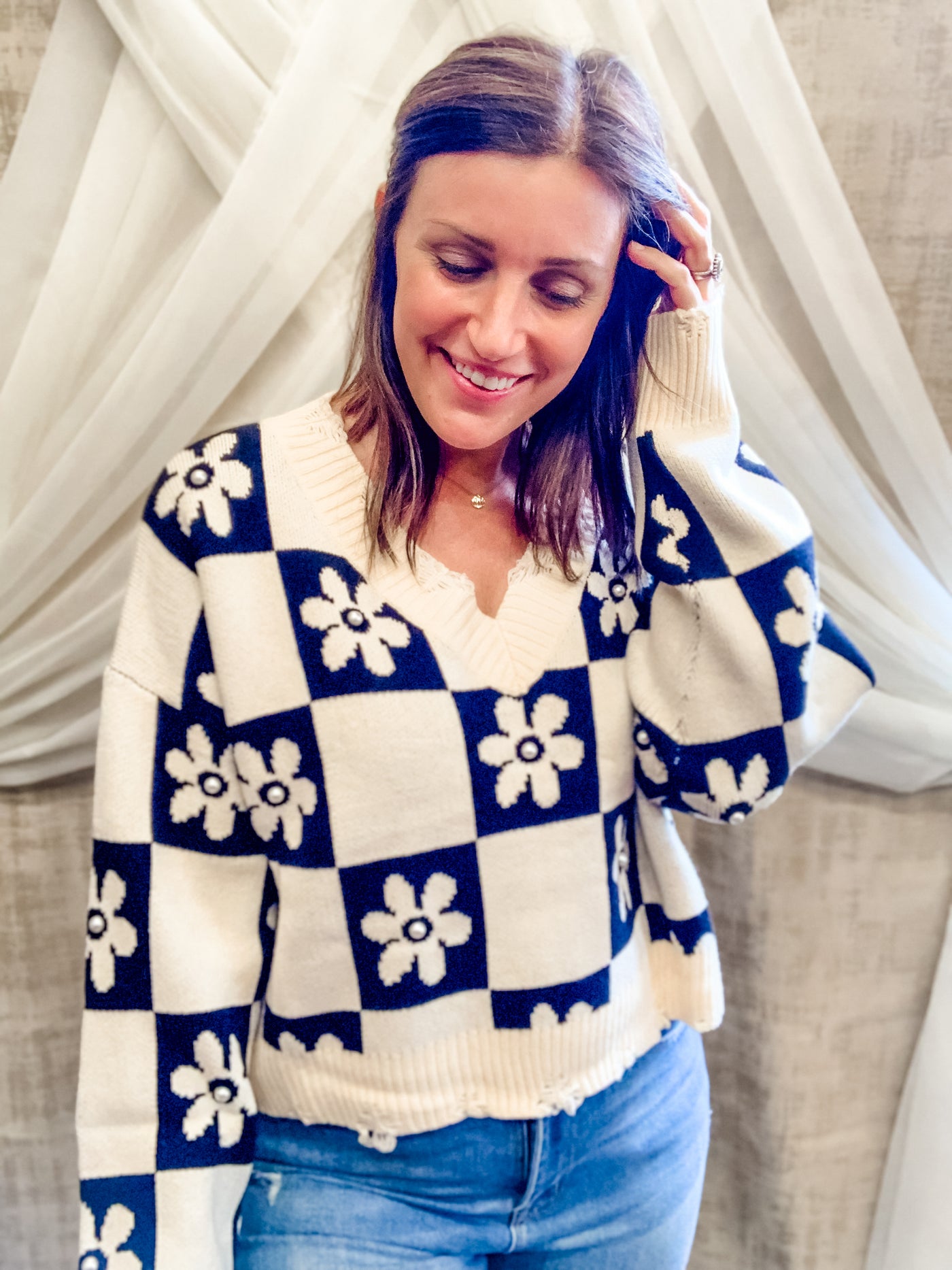 Black and White Sweater with Flower and Pearl Details