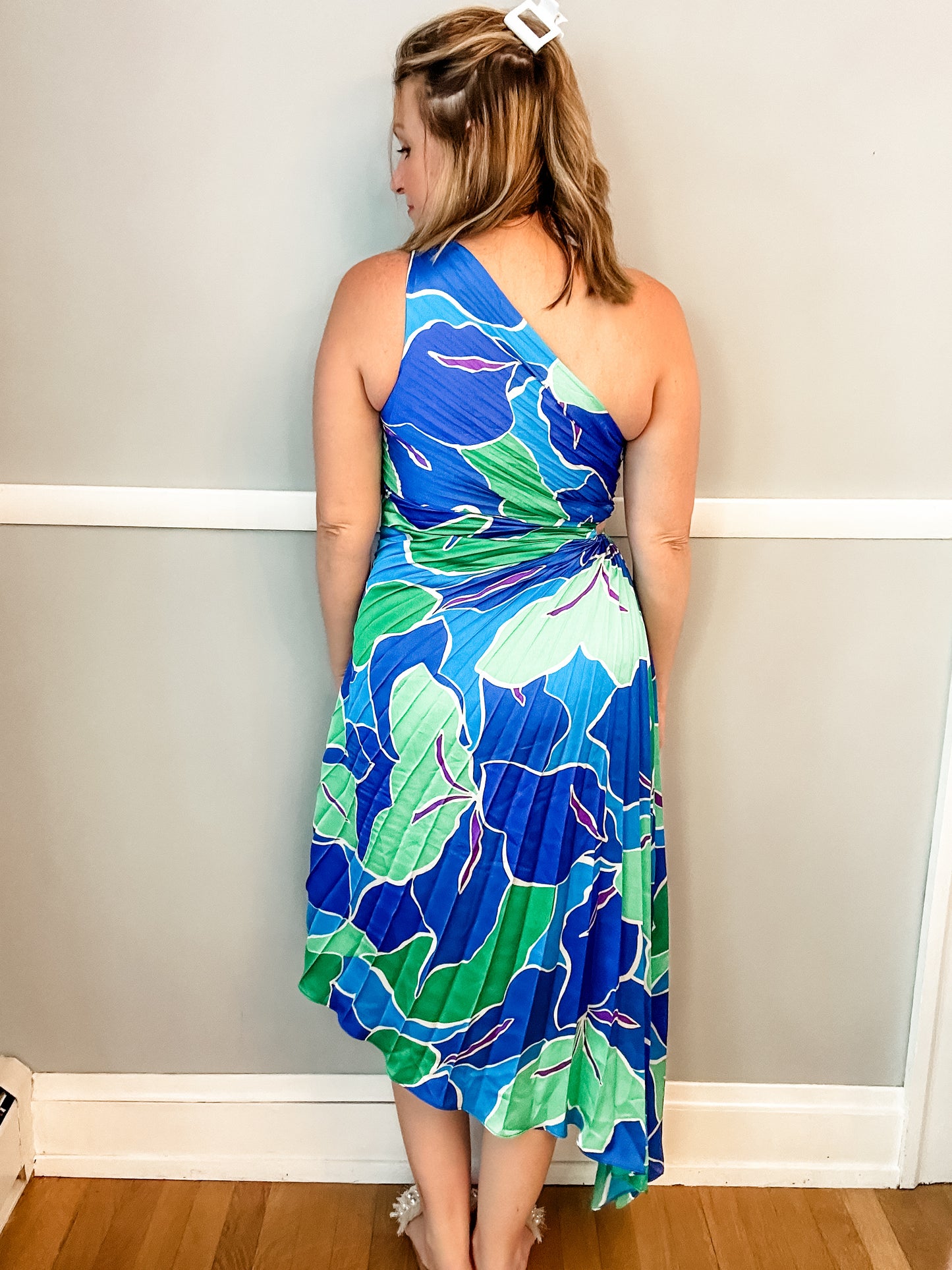 Blue and Green Pleated One Shoulder Dress