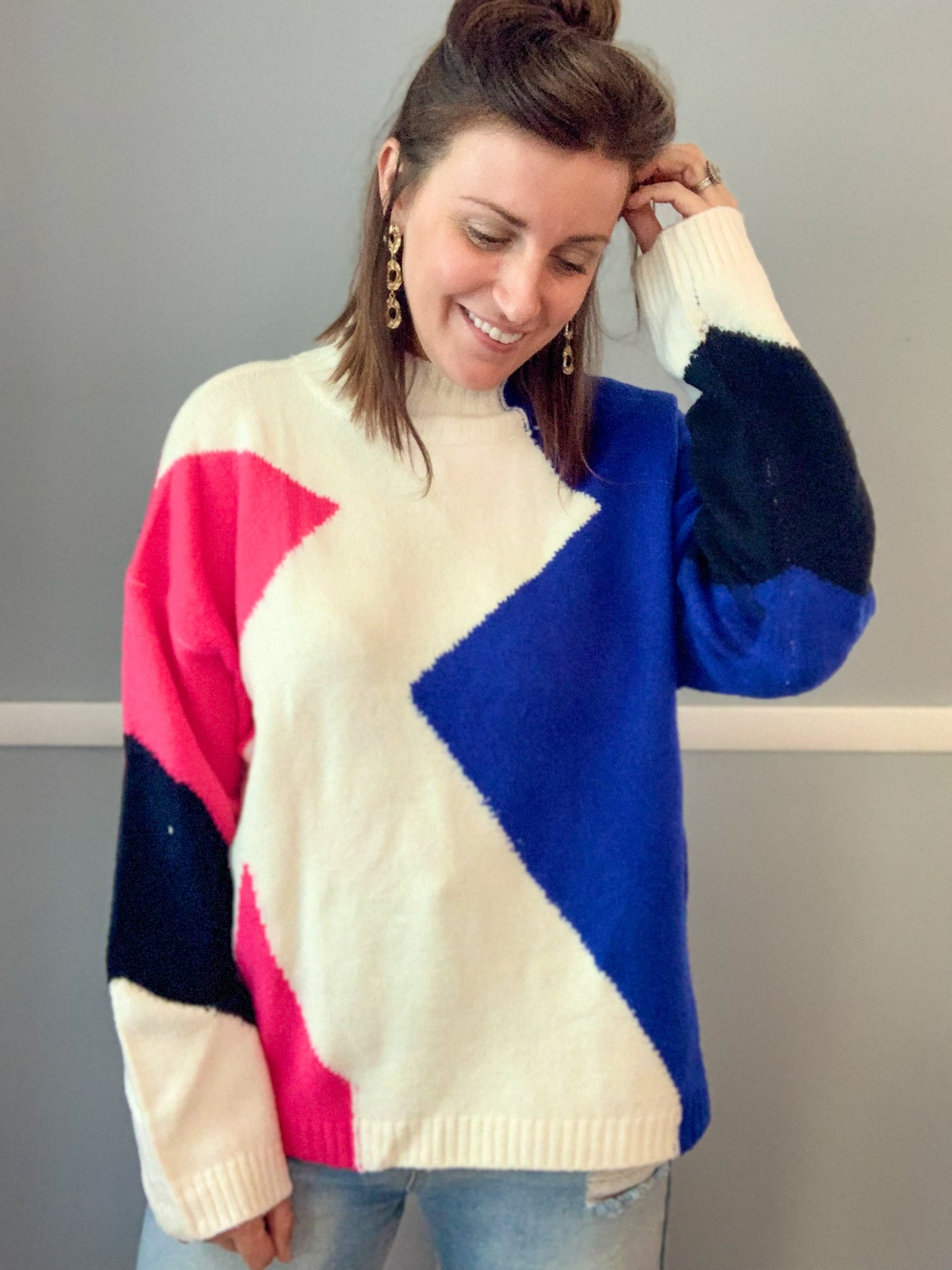Hot Pink and Blue Color Block Sweater