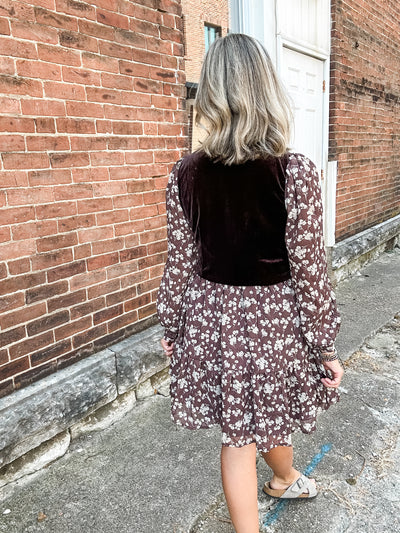 Mocha Floral Dress with Vest Detail