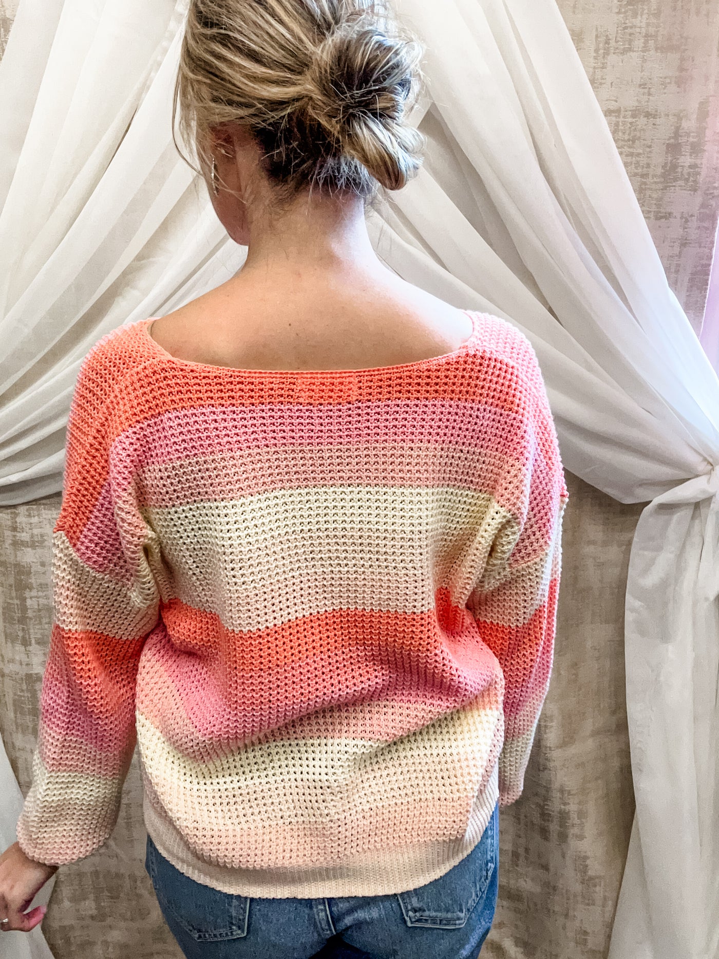Pastel Pink Striped Open Knit Sweater