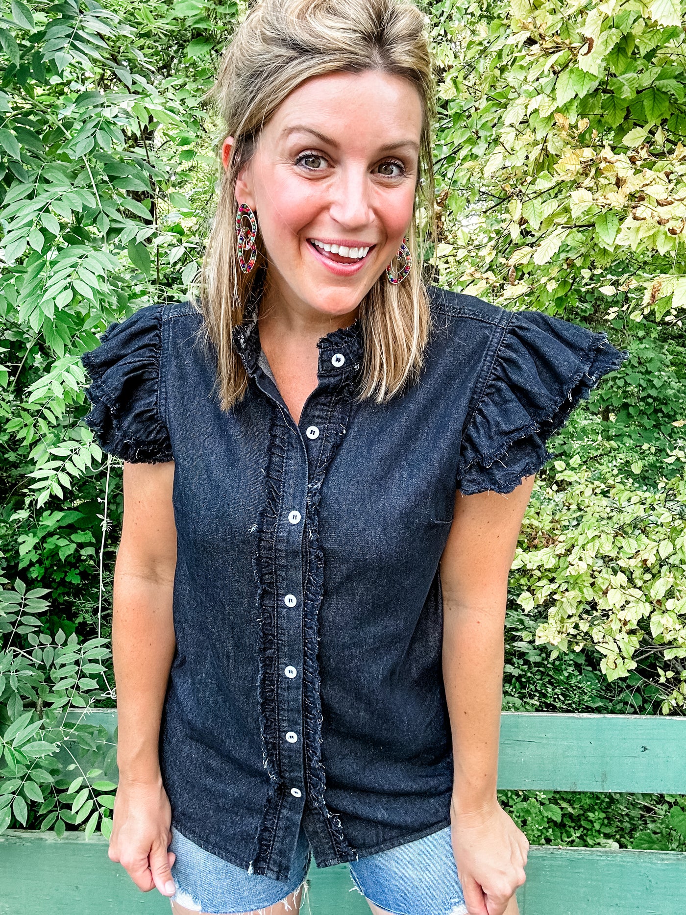 Black Denim Ruffle Top