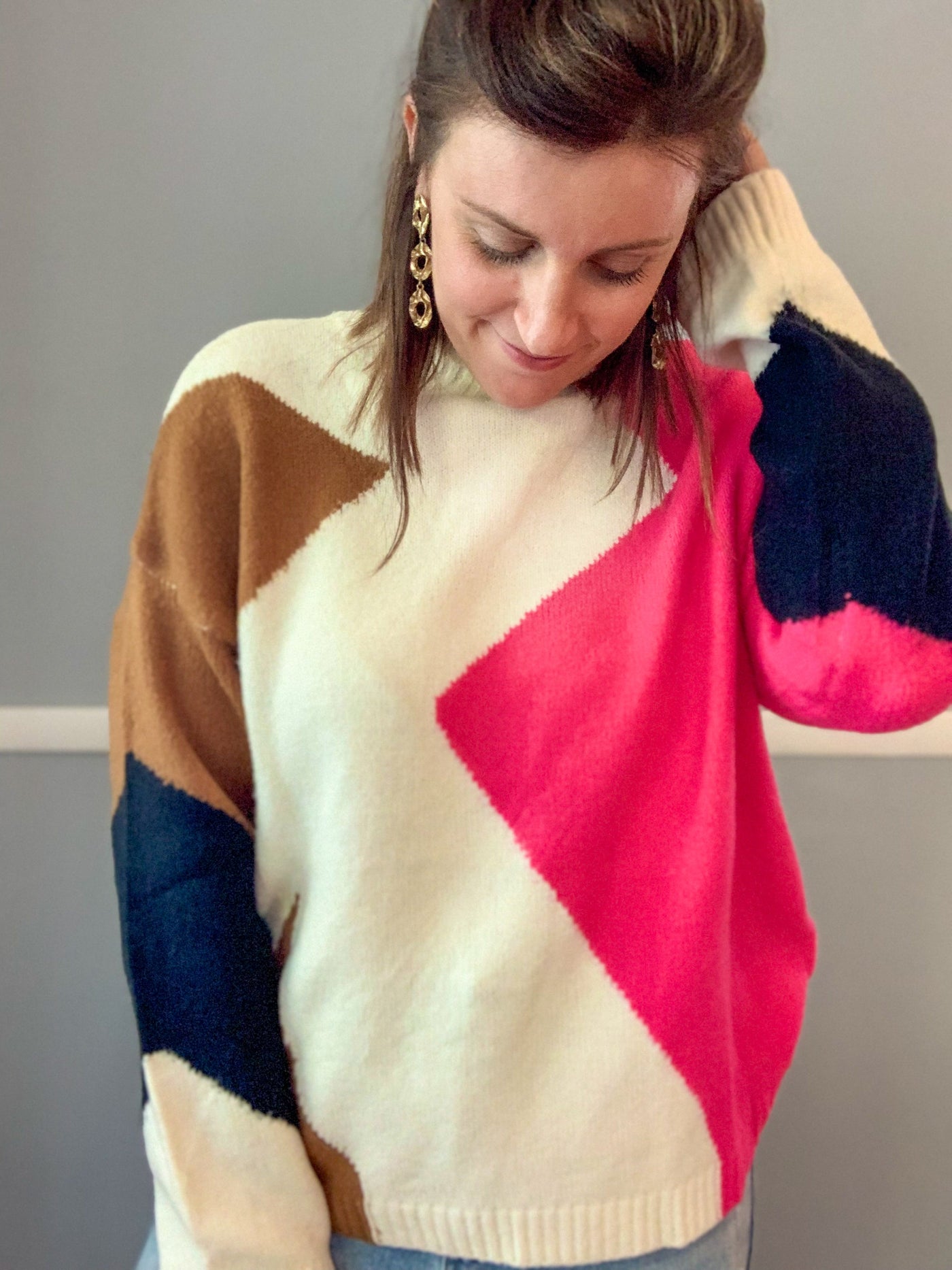 Hot Pink and Camel Color Block Sweater