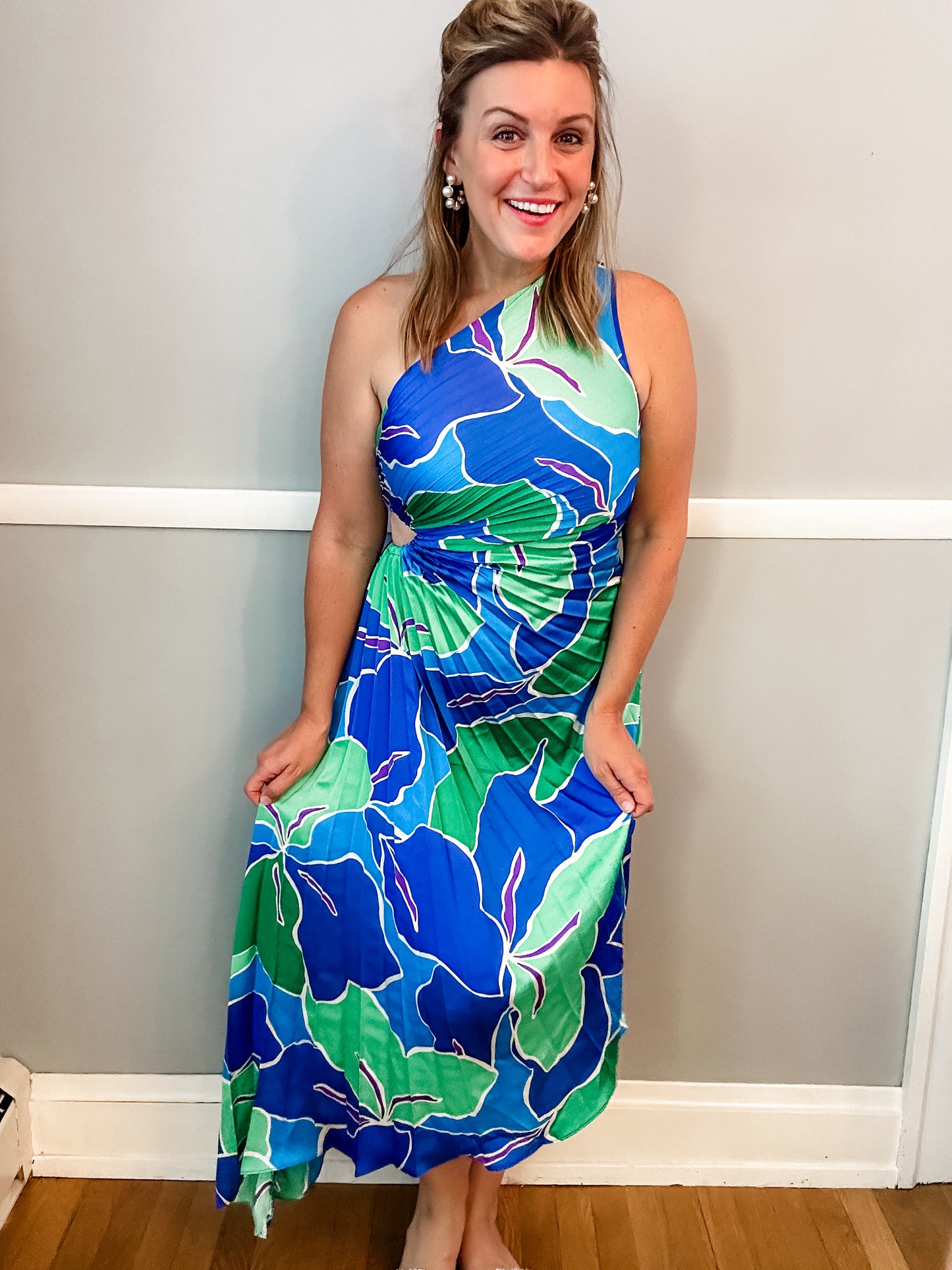 Blue and Green Pleated One Shoulder Dress