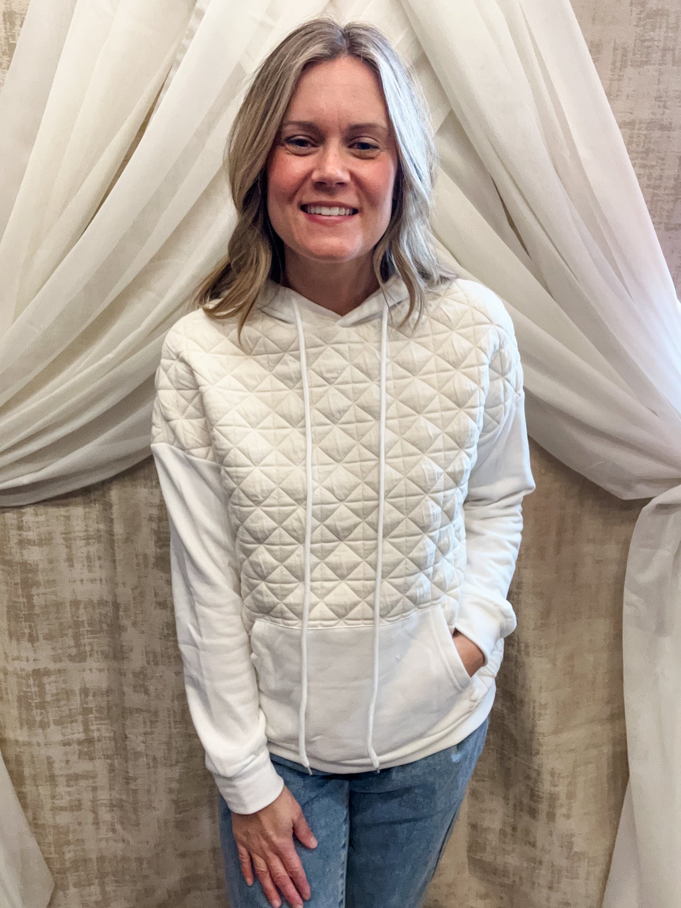 Ivory Quilted Hoodie Top