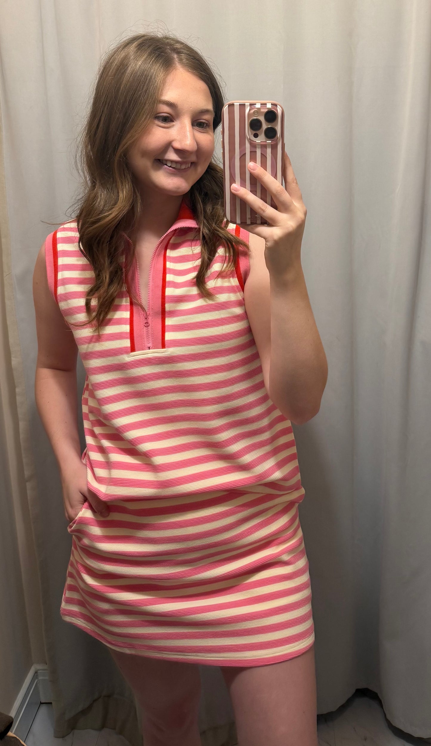 Textured Stripe Zip Collar Sleeveless 2pcs Skort Set | S-Xl  - Pink