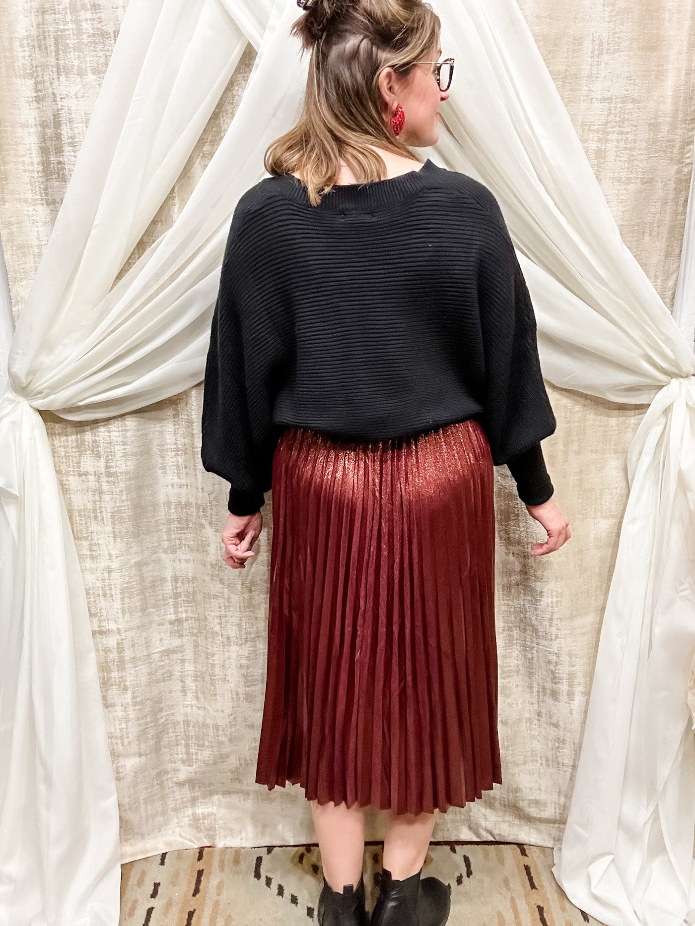 Red Metallic Pleated Skirt