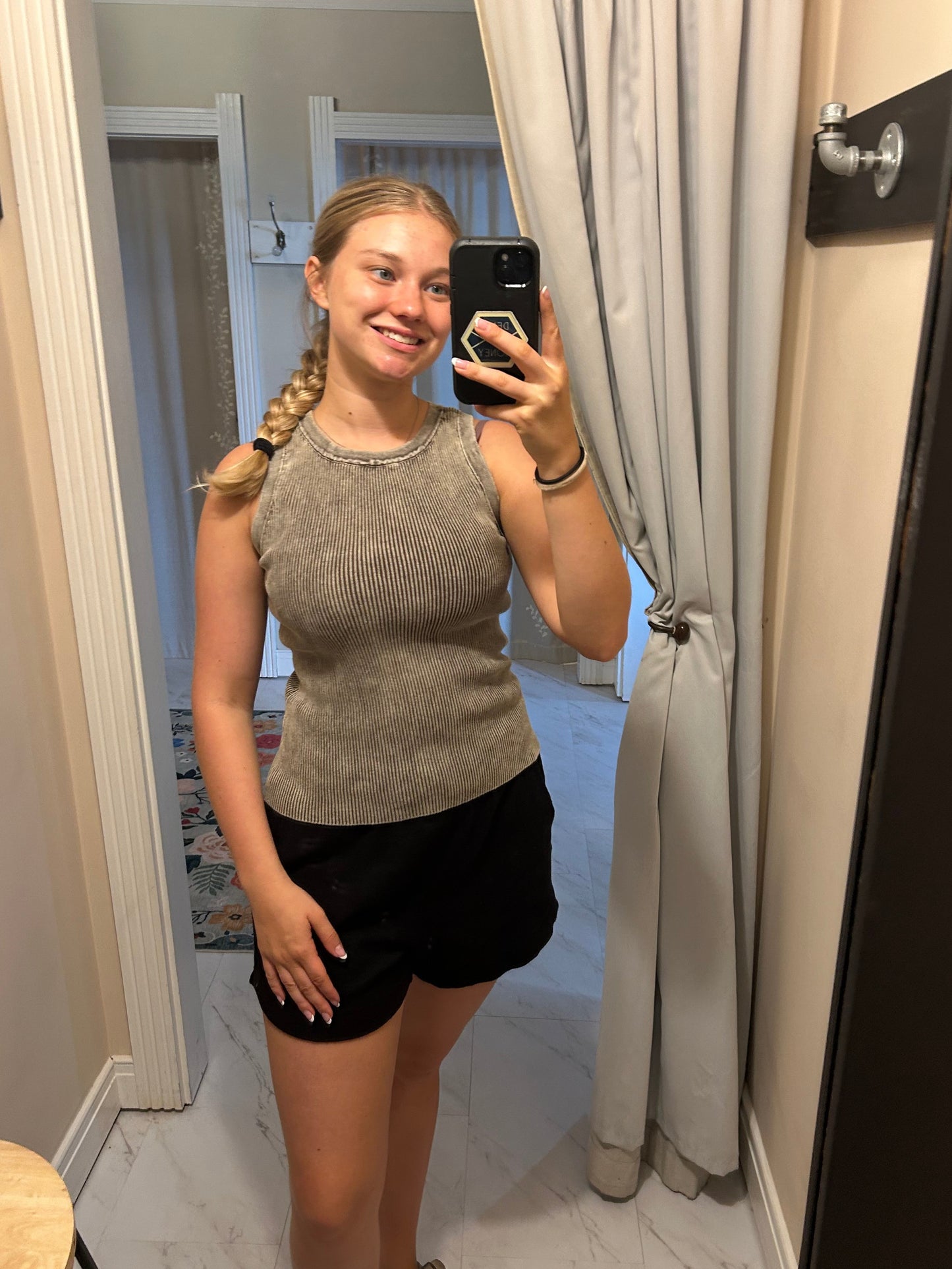 Washed Ribbed Sweater Tank Top - Grey Brown