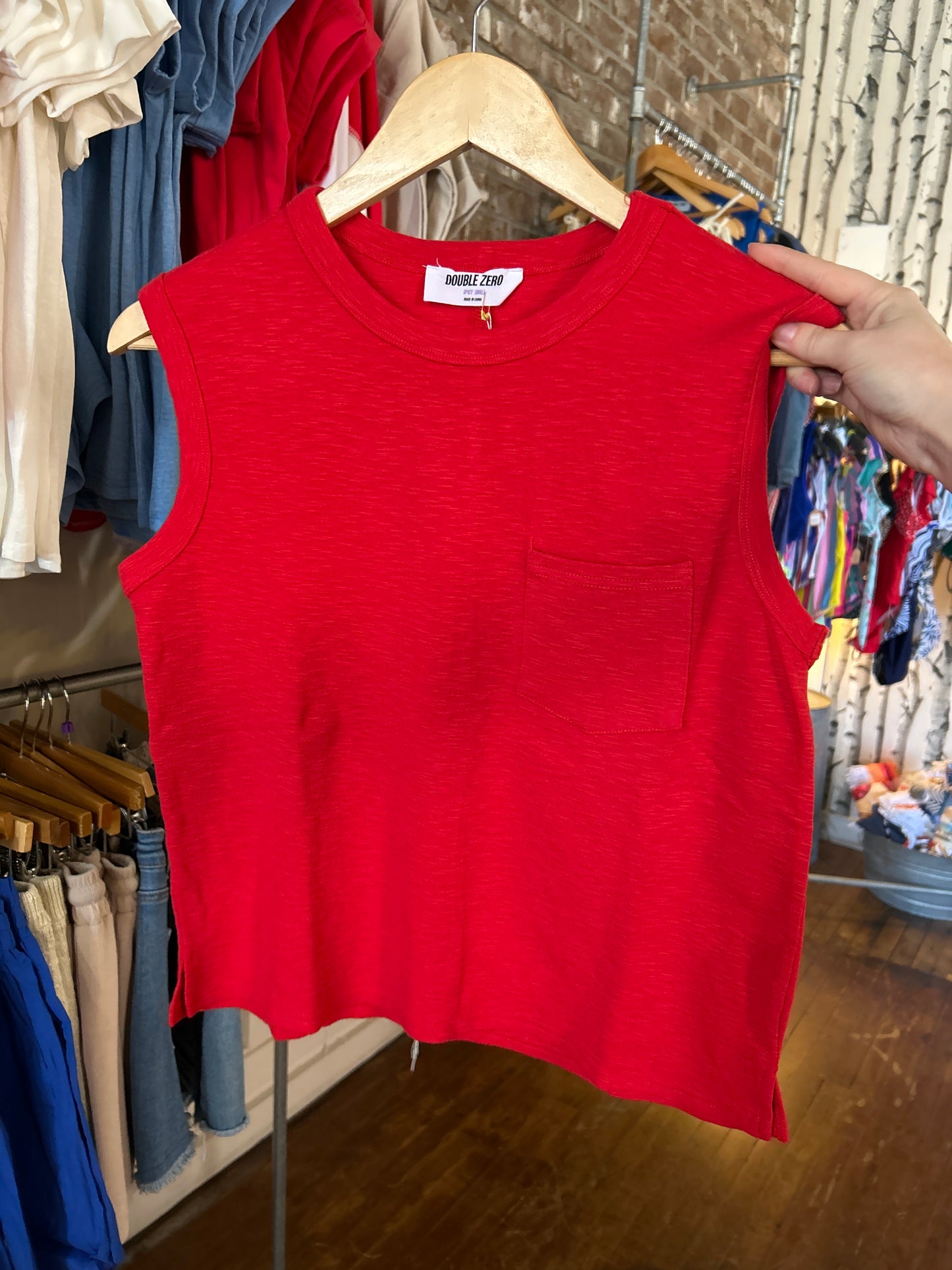 Sleeveless Cotton Top with Pocket - Red