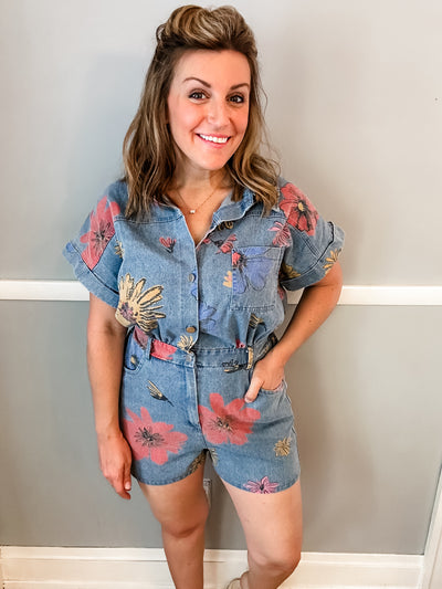 Denim Romper with Flowers