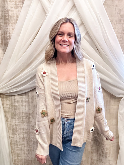 Beige Cardigan with Floral Detail
