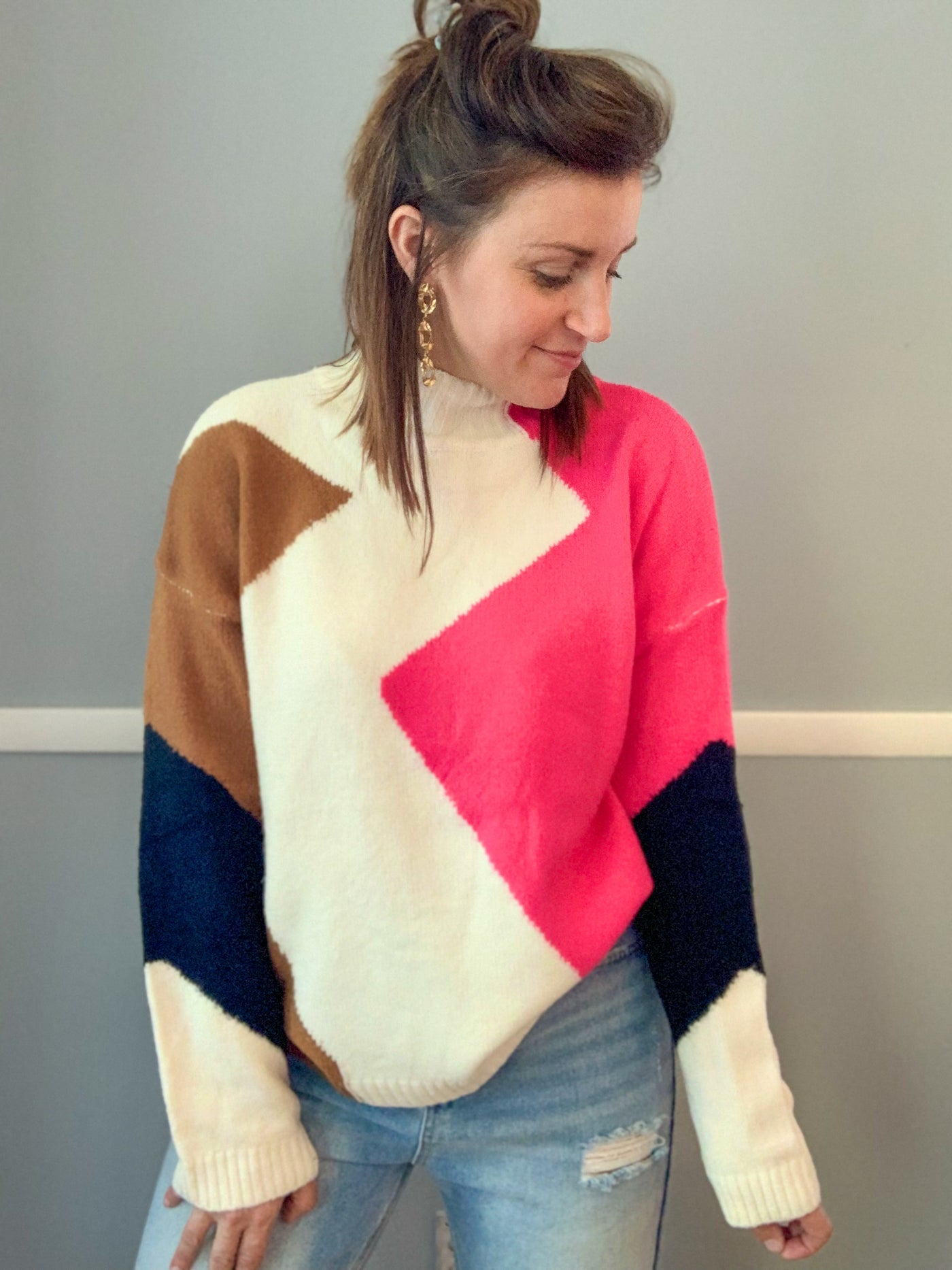 Hot Pink and Camel Color Block Sweater
