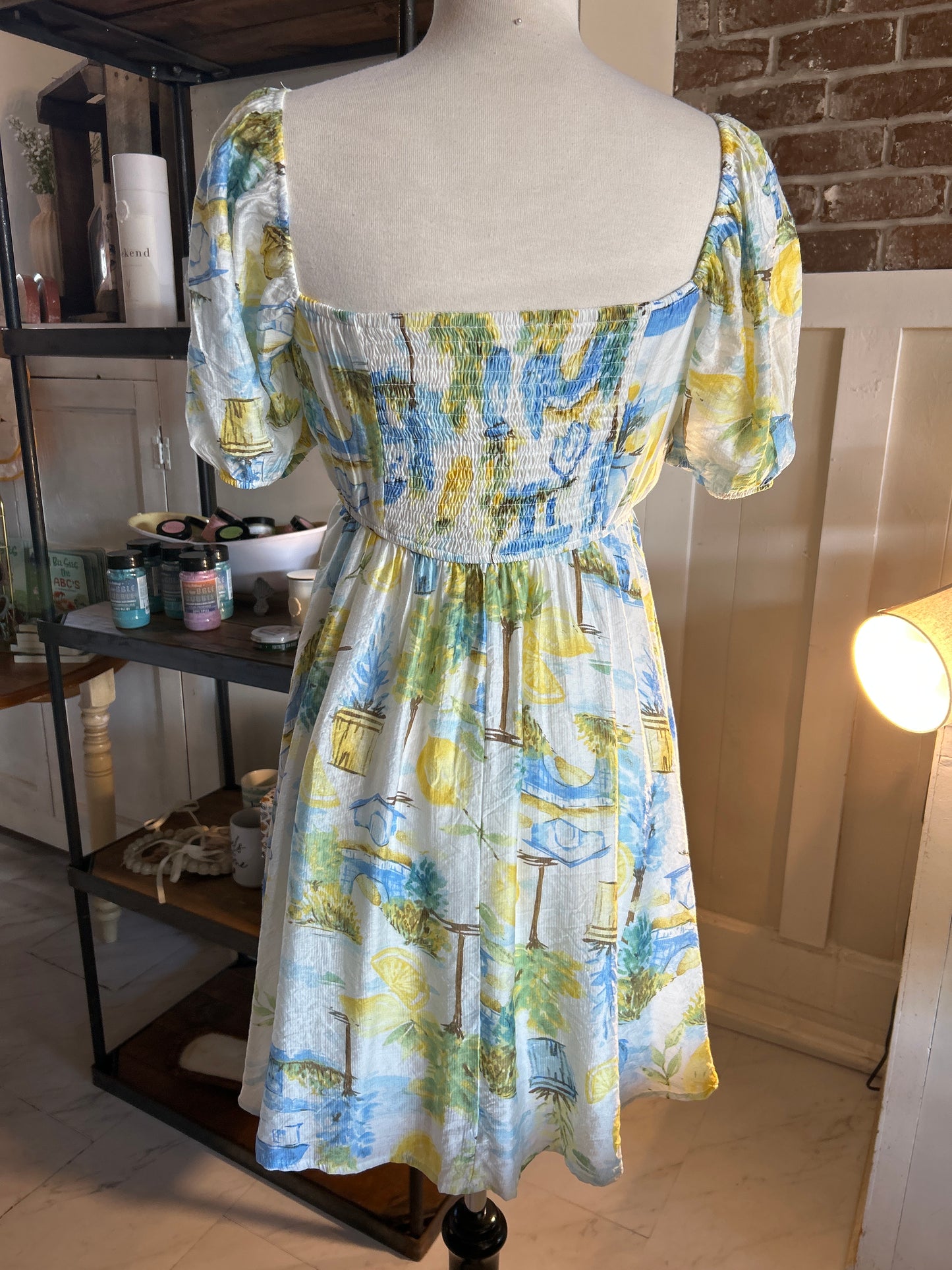 Lemon Print Pleated Short Puff Sleeve Mini Dress