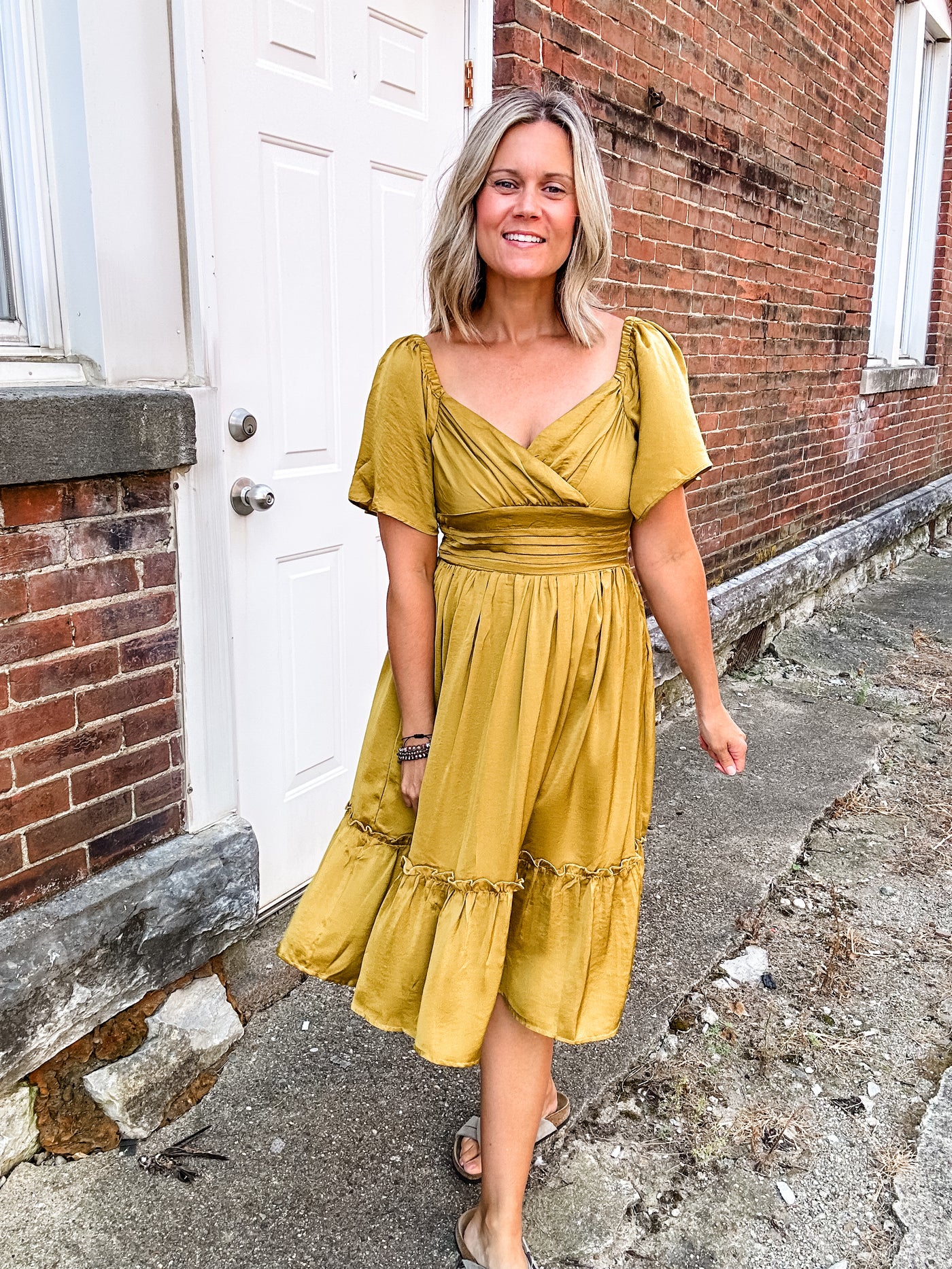 Golden V Neck Satin Dress