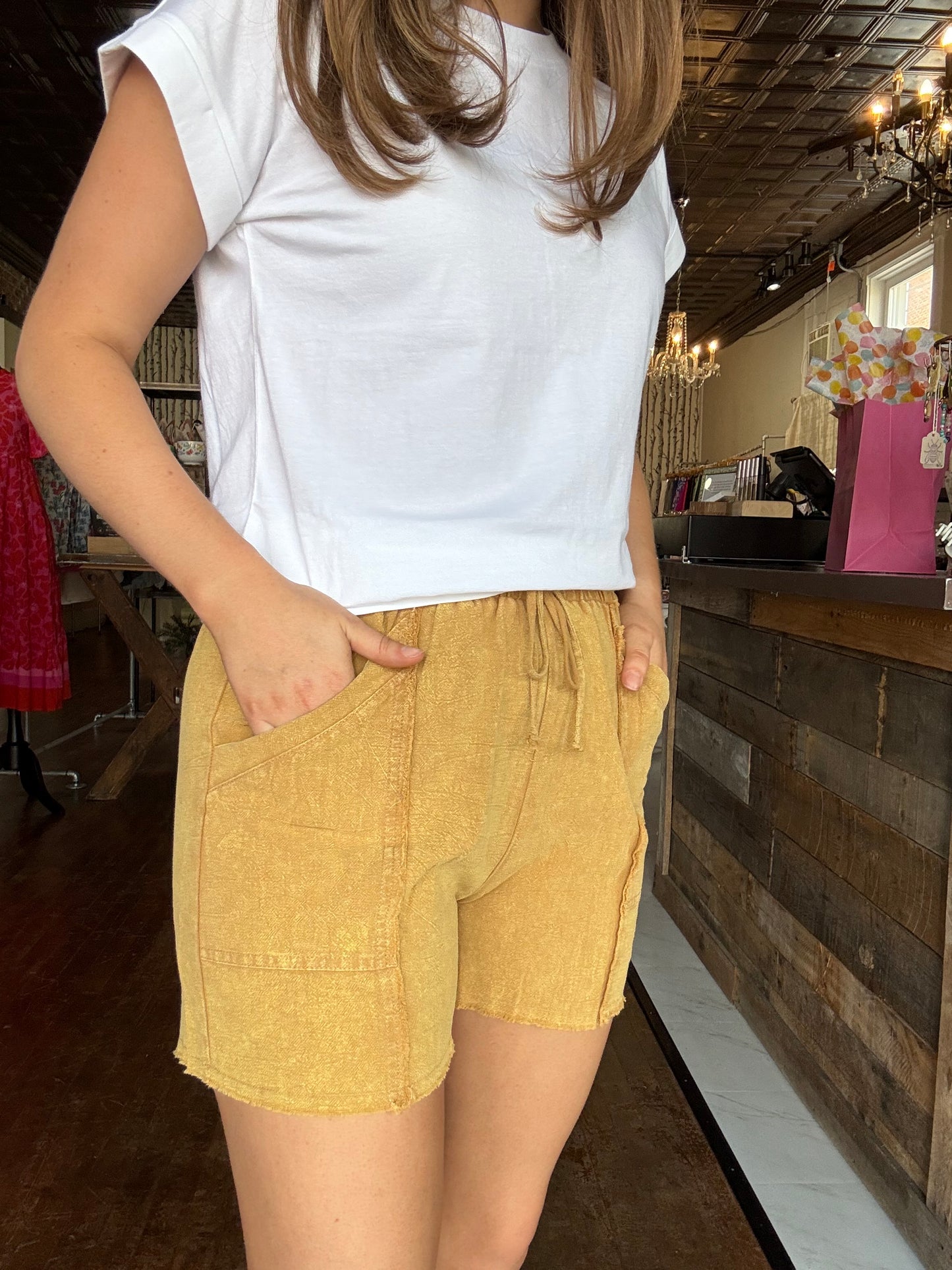 Curry Raw Edge Drawstring Shorts