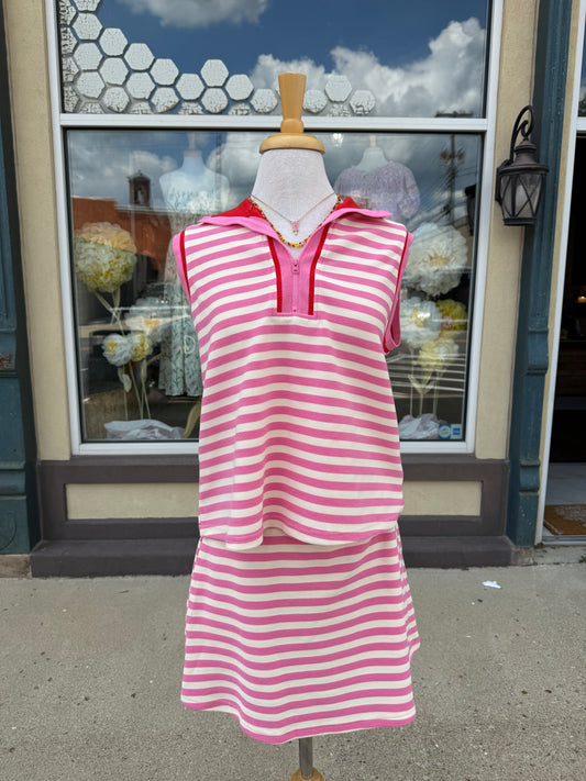 Textured Stripe Zip Collar Sleeveless 2pcs Skort Set | S-Xl  - Pink