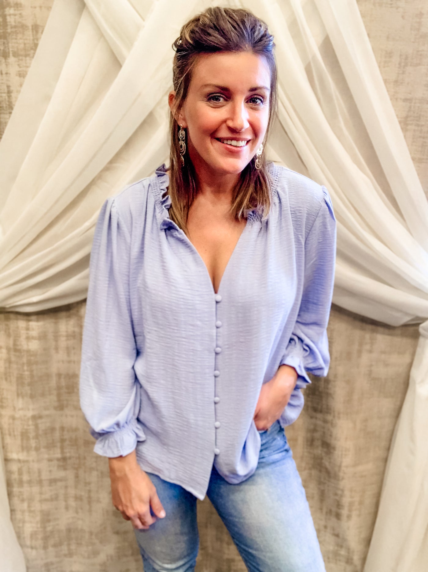 Blue Button Front Top