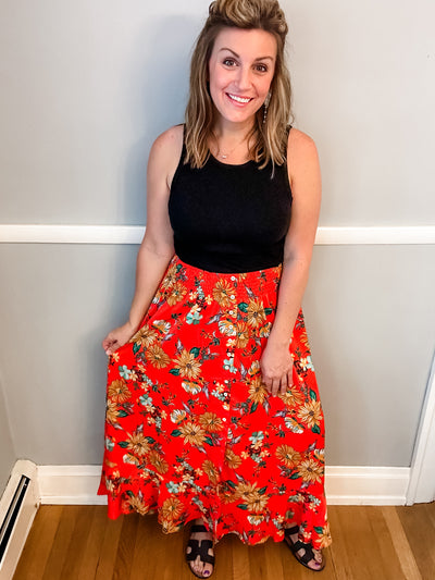 Red Floral Maxi Skirt