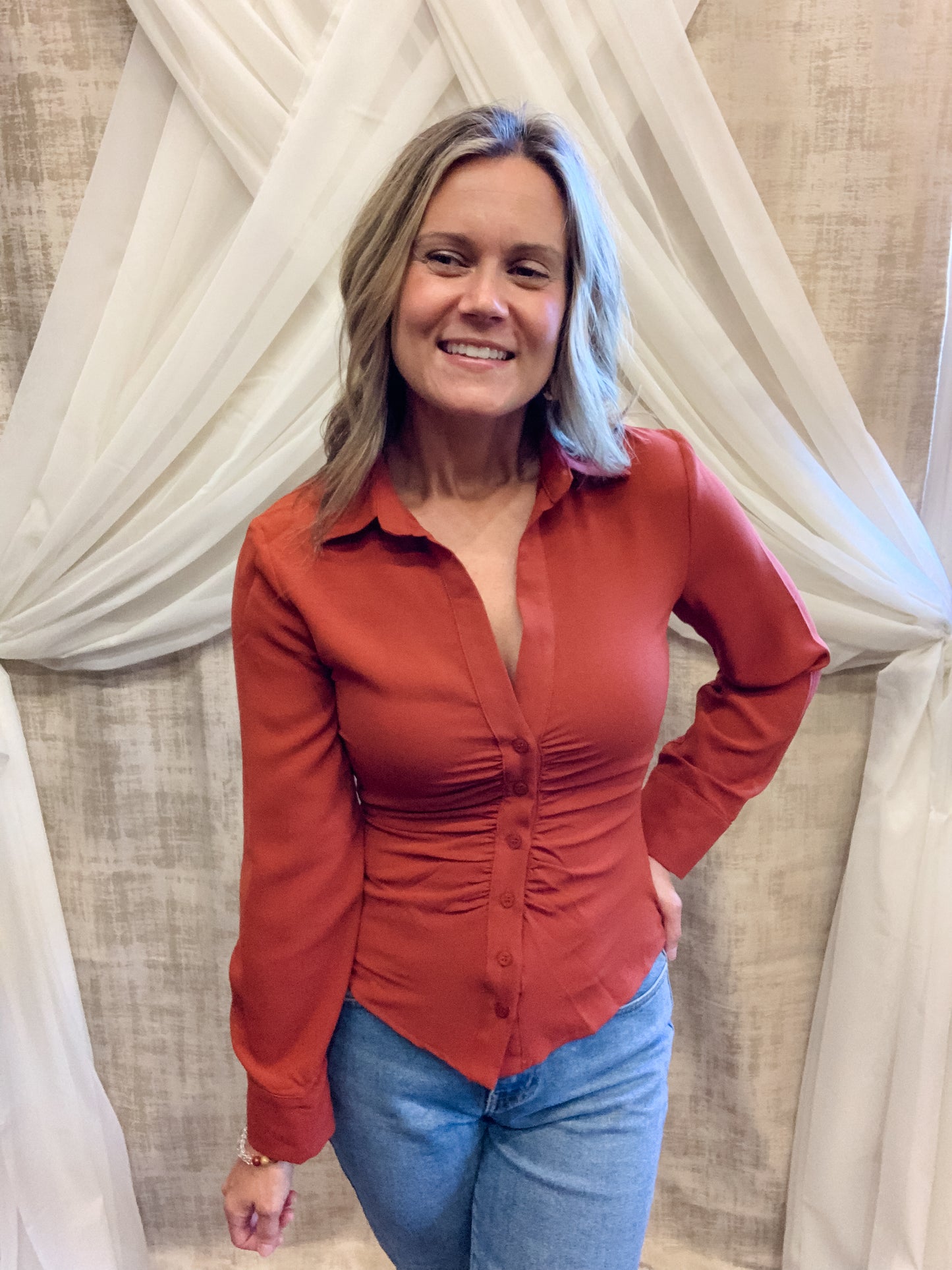 Rust Gathered Button Down Top