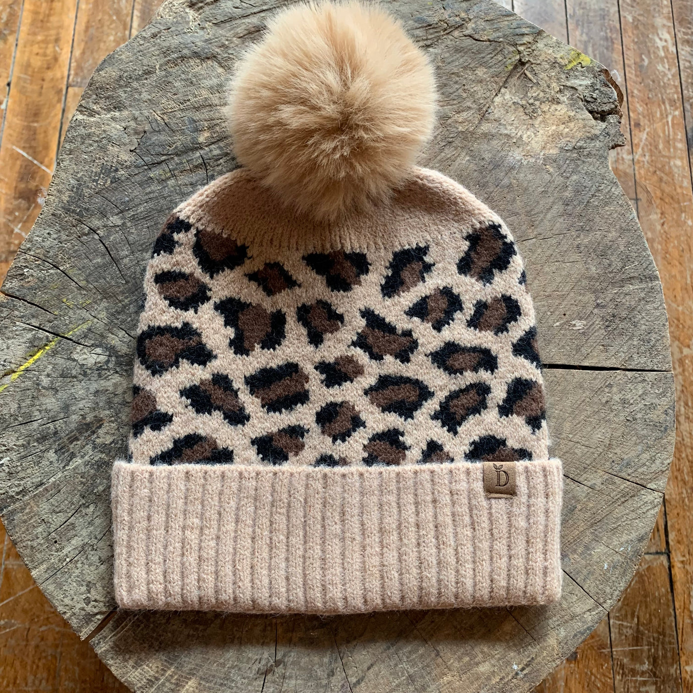 Tan Animal Print Hat with Pom (beanie)