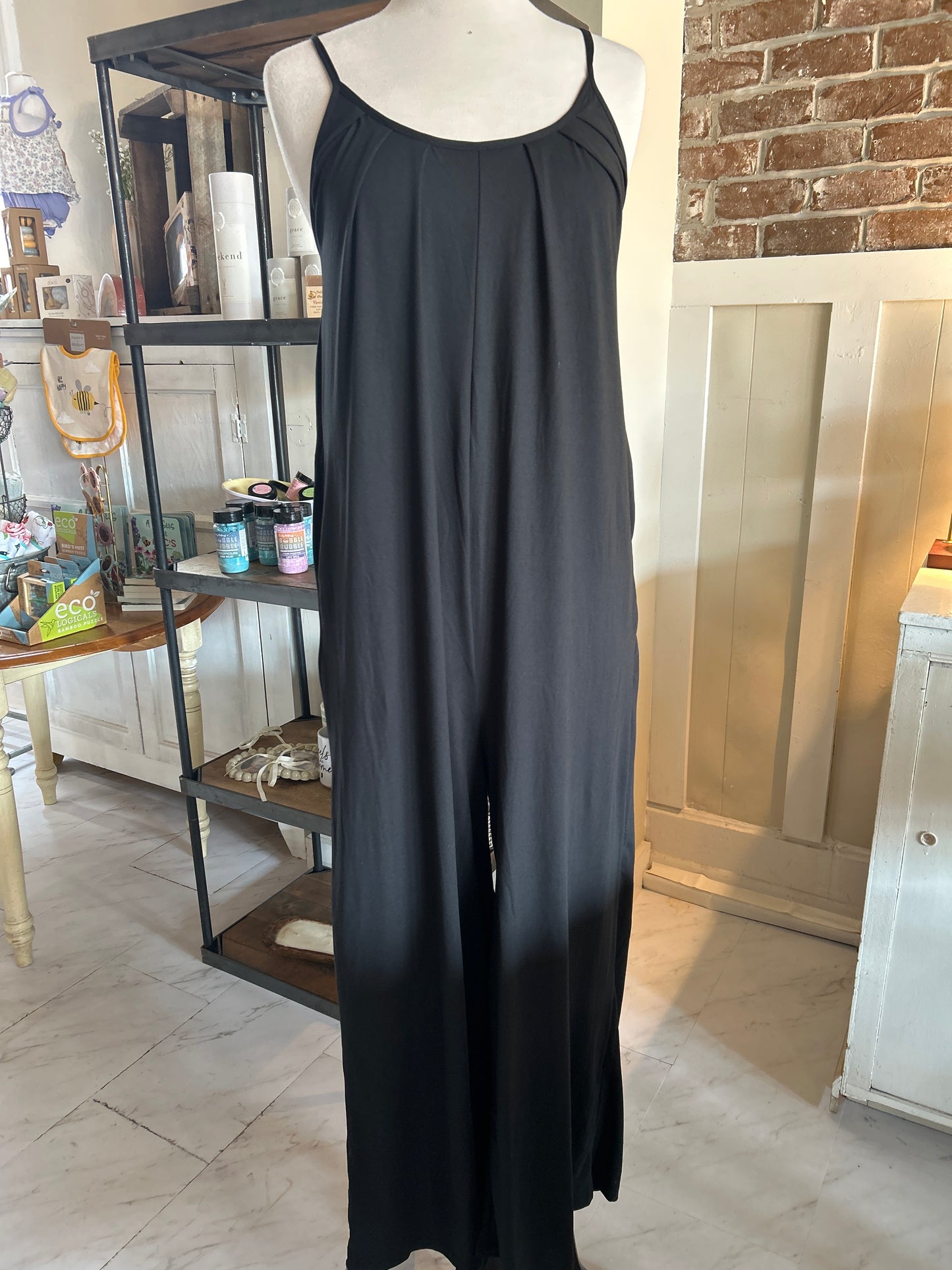 Spaghetti Strap Solid Wide Jumpsuit - Black