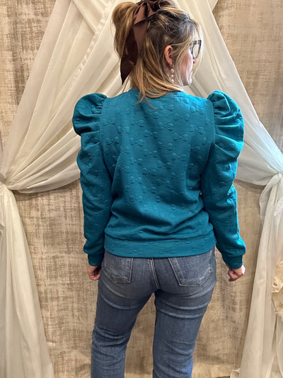 Teal Embroidered Bow Sweatshirt with Puff Sleeves