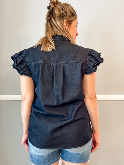 Black Denim Ruffle Top