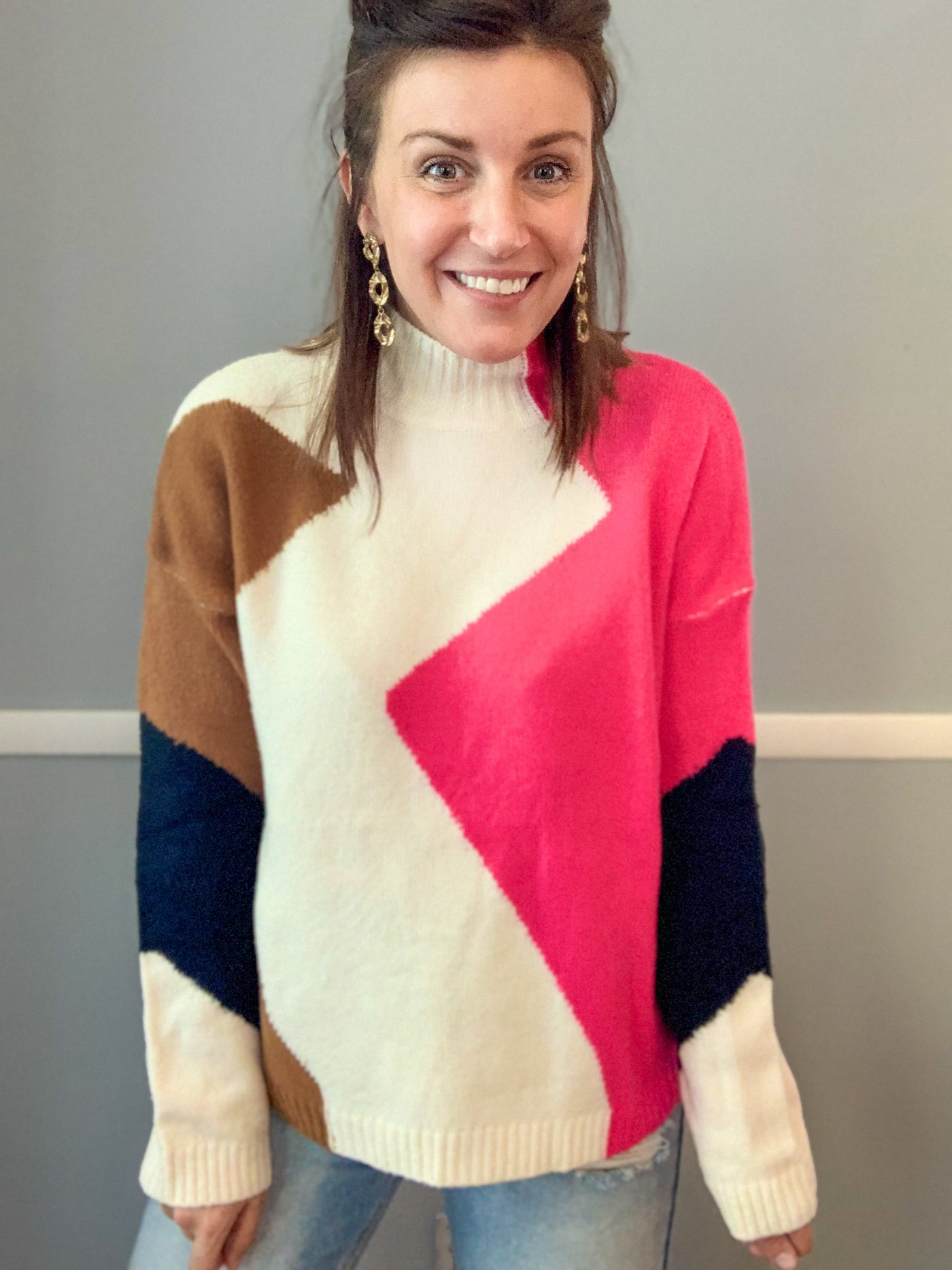 Hot Pink and Camel Color Block Sweater
