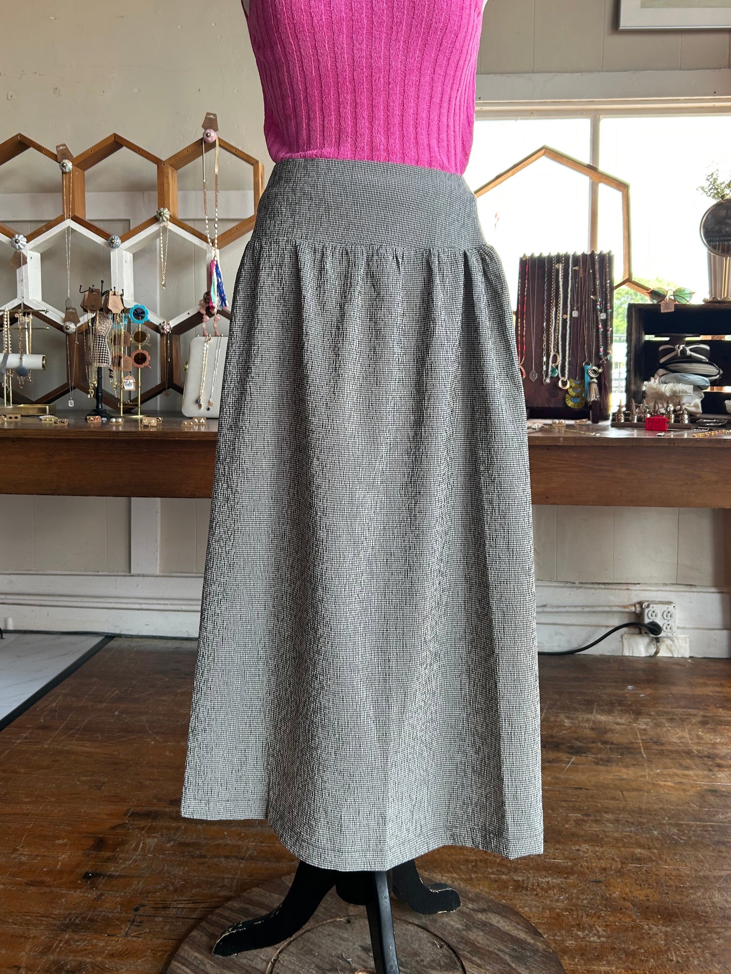 Plaid Wide Waistband Midi Skirt - Black