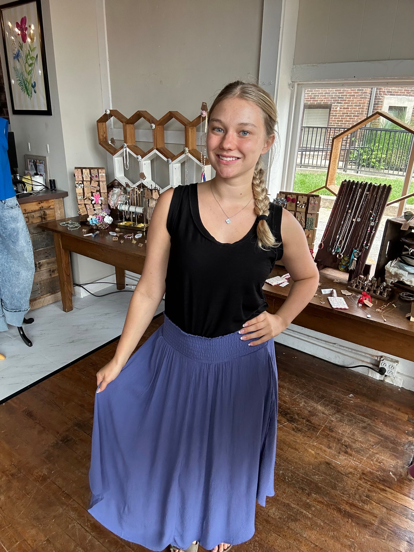 Woven Crinkle Smocked Waist Side Slit Maxi Skirt with Pockets - Marlin Blue