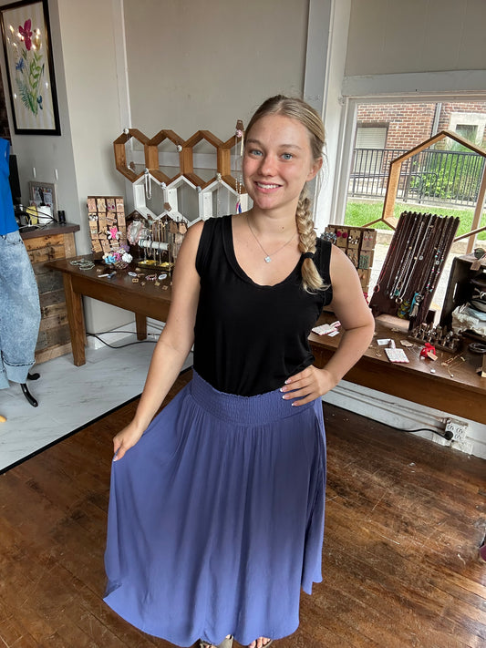 Woven Crinkle Smocked Waist Side Slit Maxi Skirt with Pockets - Marlin Blue