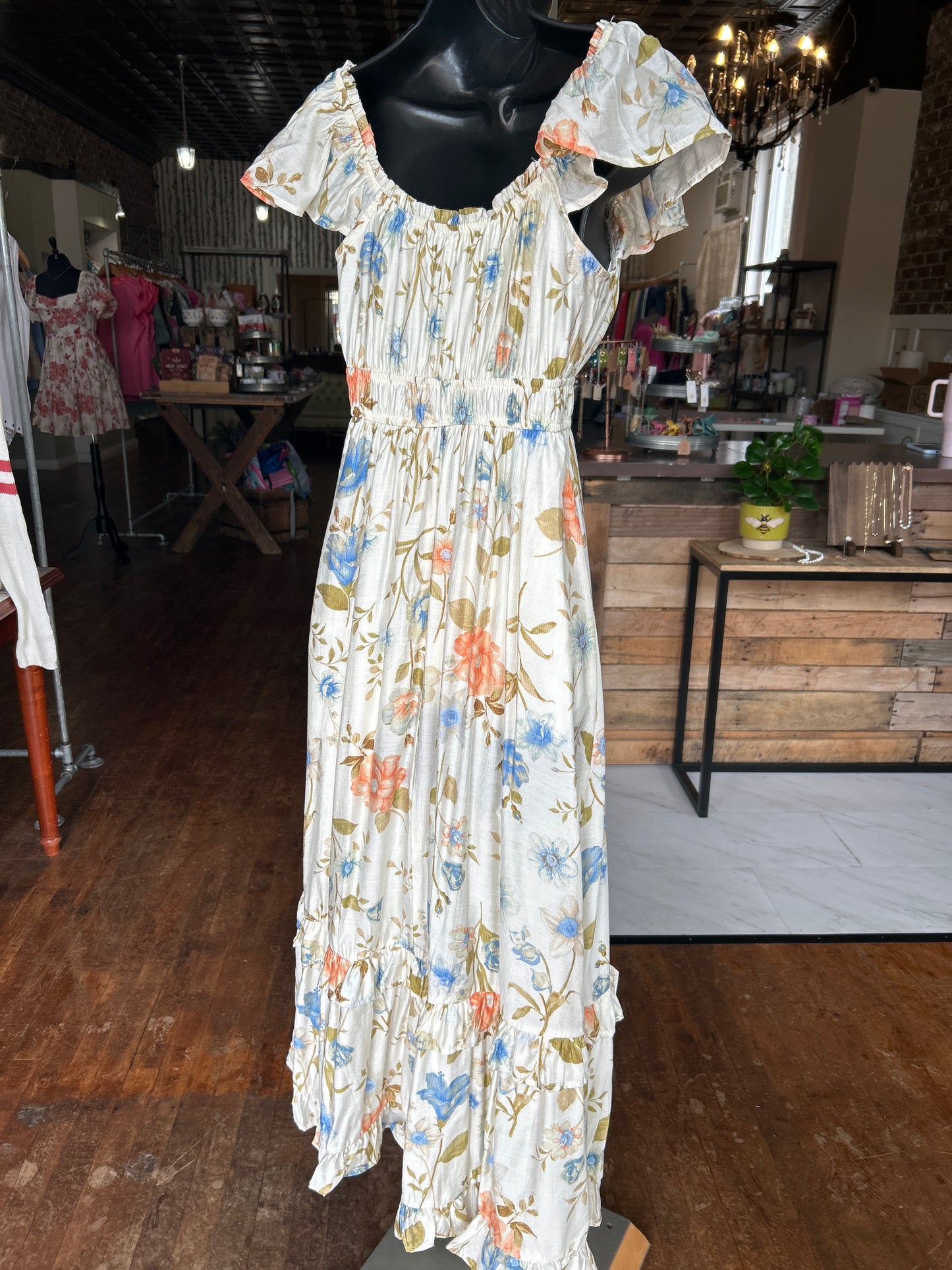 FLORAL SCOOP NECK RUFFLE SHORT SLEEVE MIDI DRESS - Off White Multi