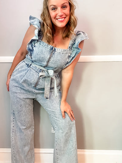 Denim Jumpsuit with Flutter Sleeves