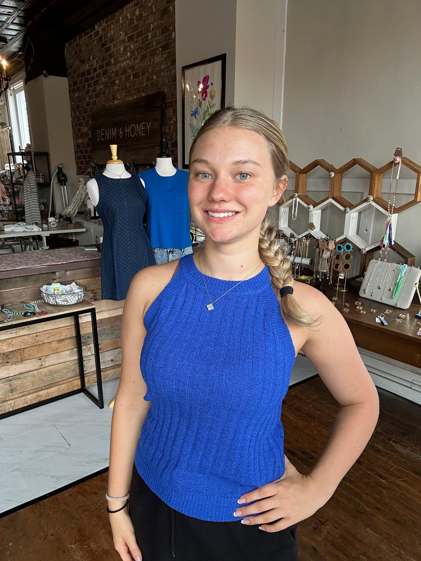 Halter Crochet Knit Tank Top - Blue