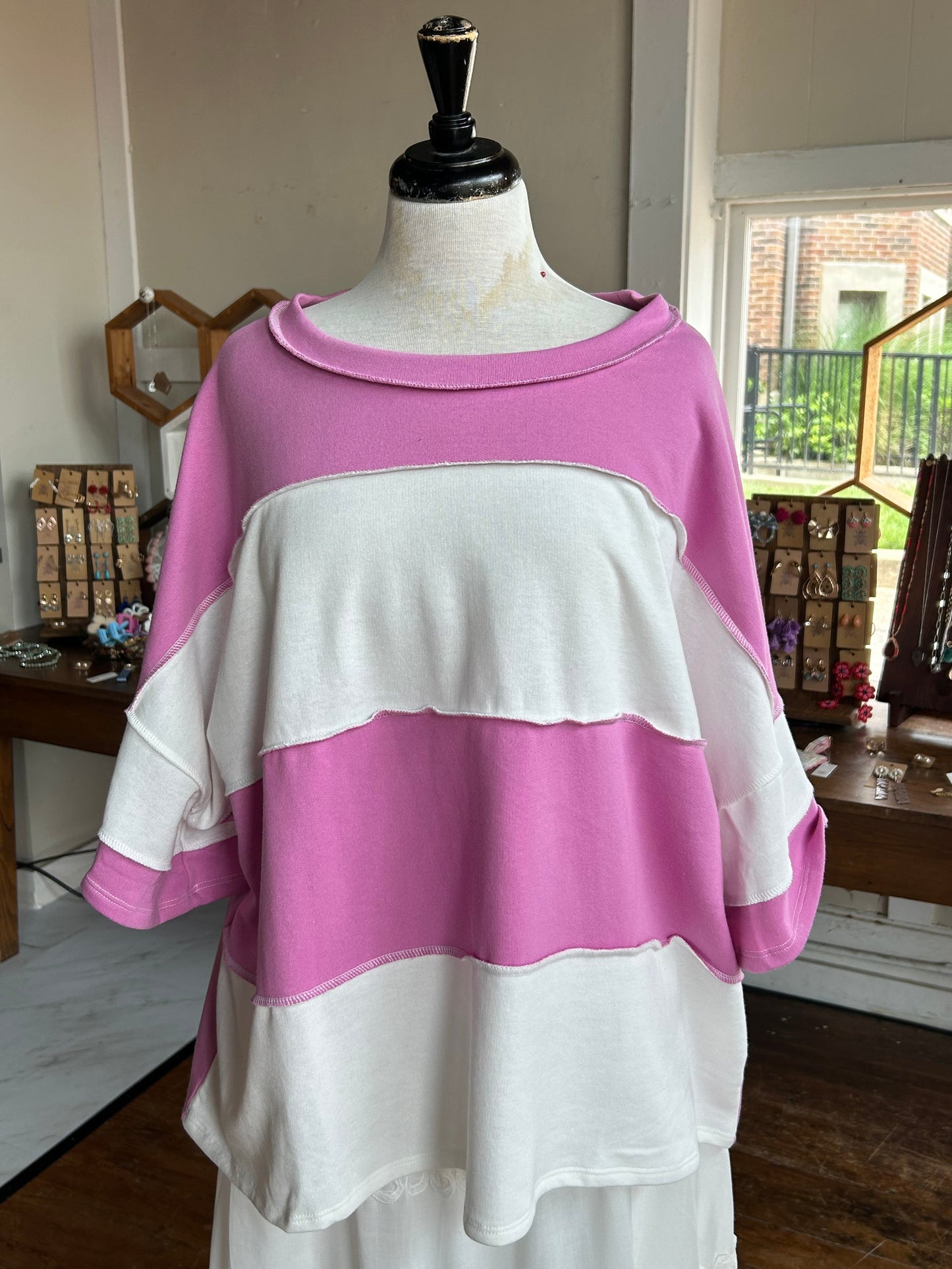 French Terry Striped Exposed Seam Top - Pink - Plus