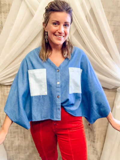 Denim Batwing Top with Contrasting Pockets