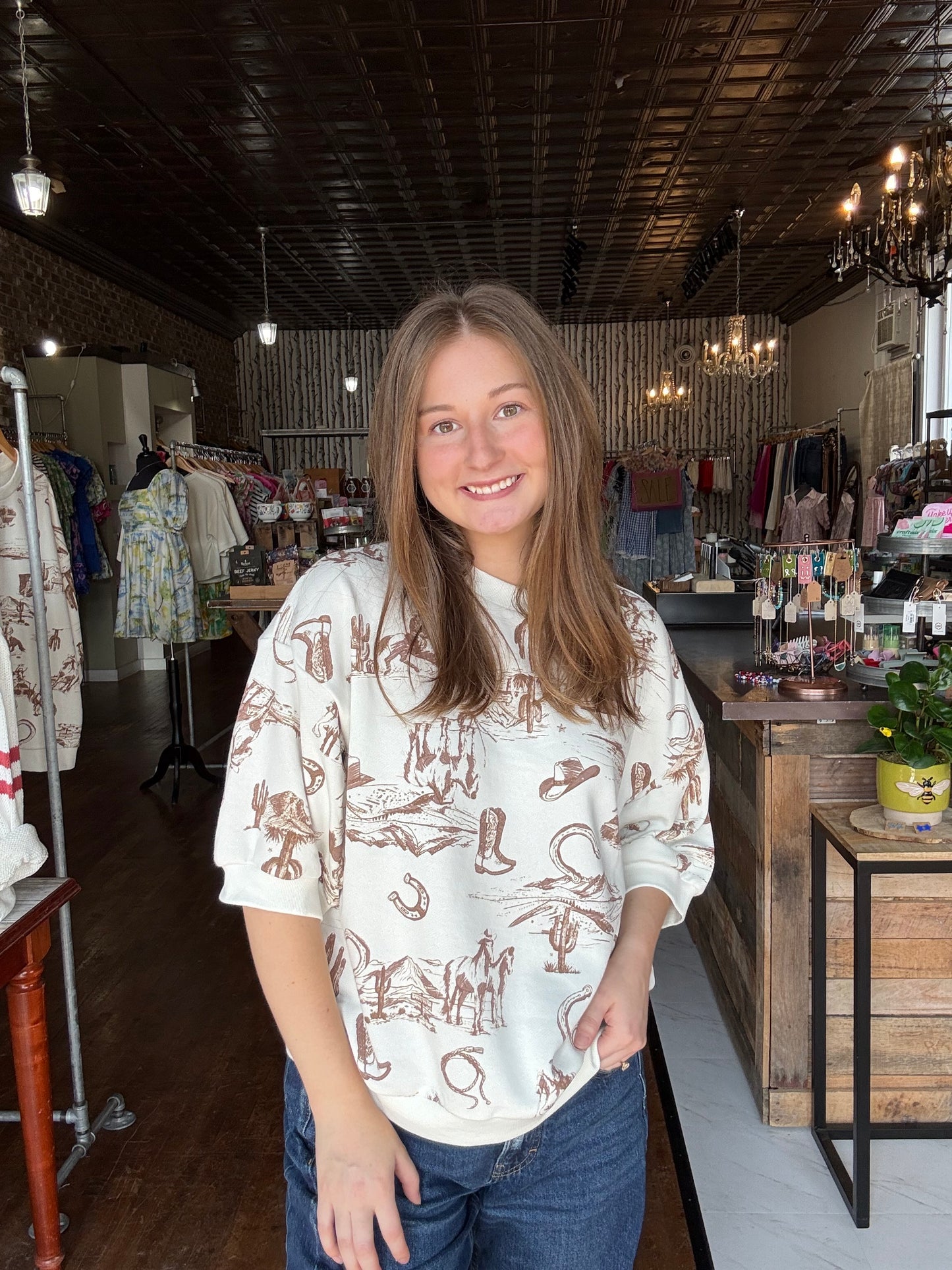 Western Print Short Sleeve Drop Shoulder Knit Top